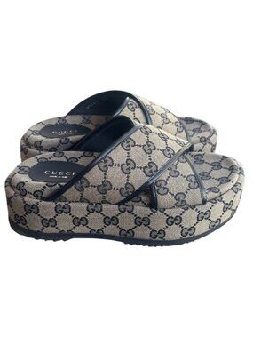 Gucci GG Canvas Platform Sandals Beige Black Womens Size 36 Made In Italy